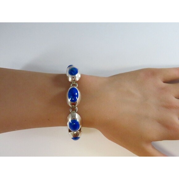 Sterling Silver 7 3/4" Bracelet Azurite-Malachite Blue Green Polished Cabochon - Picture 2 of 12